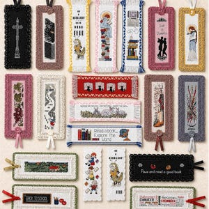May include: A collection of embroidered bookmarks with various designs. Some feature religious figures, literary quotes, and illustrations of cats, rabbits, and landscapes. The bookmarks have decorative edges and ribbons.