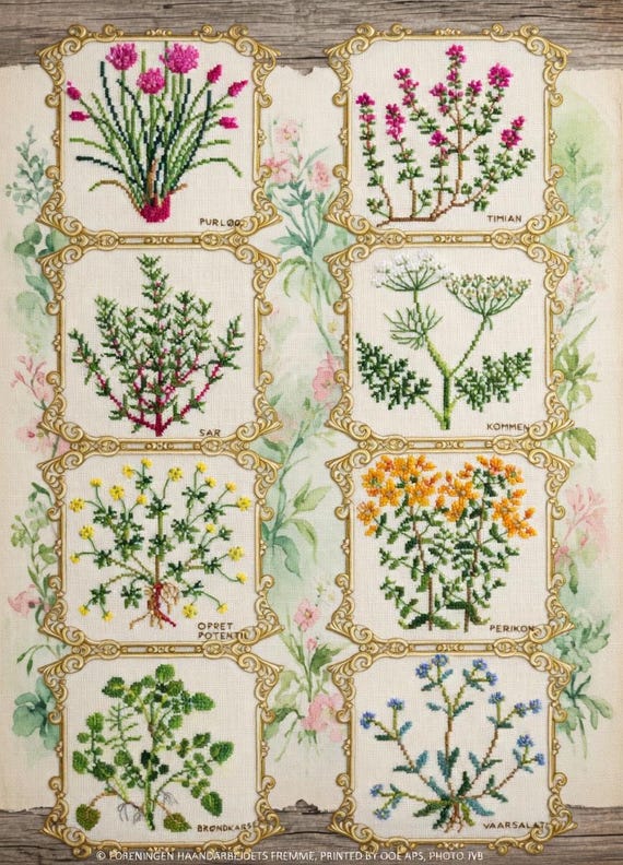 植物ハーブのクロスステッチ壁掛けアートセット – ヴィンテージ刺繍