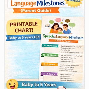 Puede incluir: Un gráfico imprimible titulado "Hitos del habla y el lenguaje (Guía para padres)" para bebés de 6 meses a 5 años. El gráfico incluye hitos como balbucear, decir las primeras palabras y hablar en oraciones. Disponible como descarga instantánea en PDF.