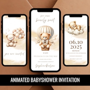 Animierte Babyparty-Video-Einladung, können wir Bären animierte digitale Vorlage warten, Braunbär-Ballon,