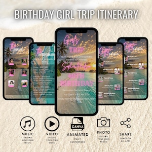 Animated Birthday Girls Trip Itinerary: Editable Digital Invitation