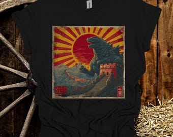 Camiseta vintage de Godzilla de la Gran Muralla China: estilo póster retro de monstruo con diseño del sol naciente.