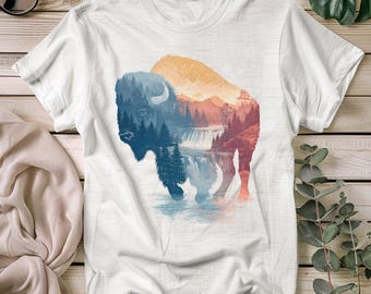 Camiseta vintage con paisaje de bisonte: Camiseta con gráfico retro de vida silvestre