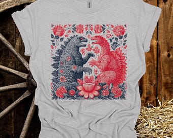 Floral Kaiju Battle T-Shirt | Retro Monster Art Tee