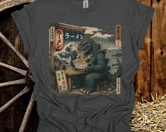 Camiseta Ukiyo-e Godzilla Ramen / Arte japonés vintage de kaiju, diseño de olas del Monte Fuji