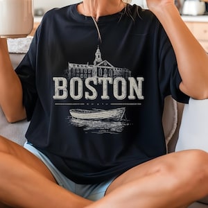 T-shirt vintage Boston : t-shirt à imprimé paysage urbain rétro, souvenir classique
