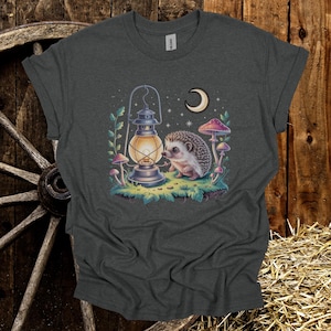 Hedgehog Lantern T-Shirt: Whimsical Forest Night Scene Tee