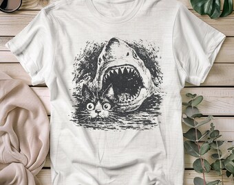 Funny Cat Shark Graphic T-Shirt: Vintage Style Humor Tee