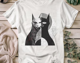 Yin Yang Cat T-Shirt: Minimalist Graphic Tee, Grunge Style
