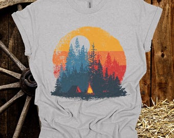 Retro Camping T-Shirt: Vintage Sunset Campfire Graphic Tee
