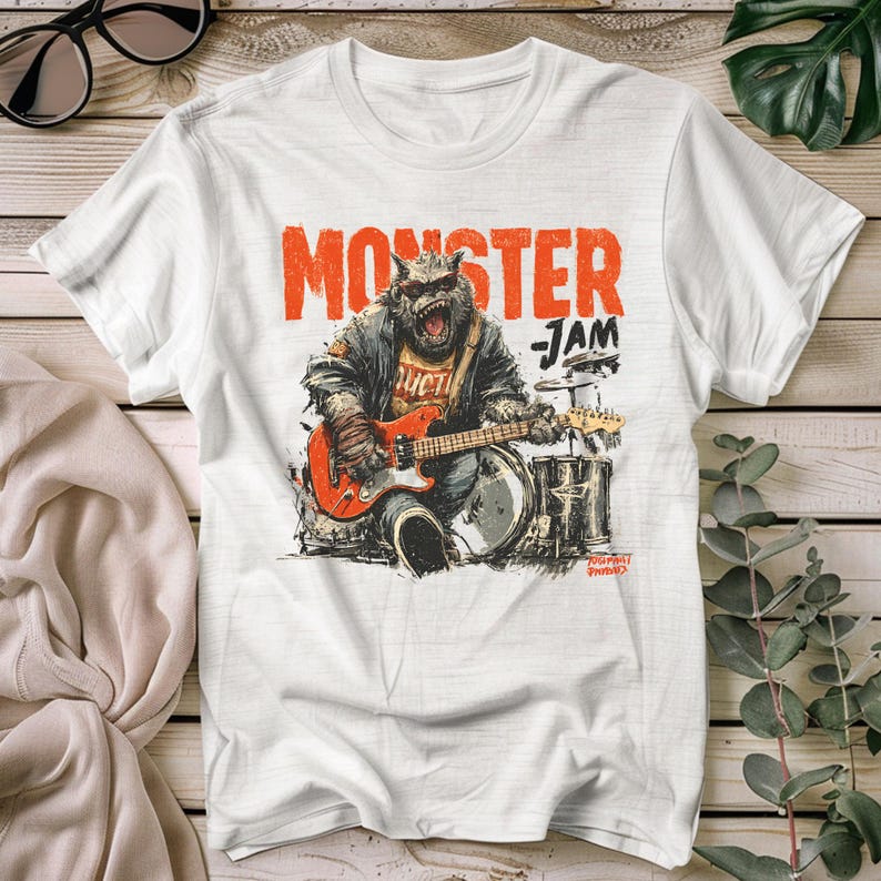 May include: White t-shirt with a graphic of a monster playing a red electric guitar, with the words "MONSTER JAM" in orange. The monster is wearing a jacket and is playing drums. The shirt has a vintage, rock-and-roll aesthetic.