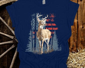 Camiseta com estampa de veado americano | Camiseta patriótica com estampa de cervo e vida selvagem | Camiseta de caça com a bandeira dos EUA