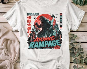 Camiseta Atomic Rampage Kaiju, camiseta retro japonesa de monstruos de ciencia ficción