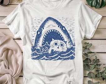 Funny Cat Shark Attack T-Shirt – Cartoon Graphic Tee