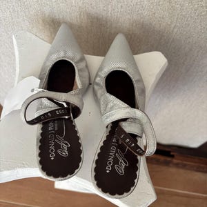 Puede incluir: Un par de zapatos de sal&oacute;n plateados de cuero perforado con punta y correas en el tobillo. Los zapatos tienen una suela festoneada y la marca "DONALD J PLIN" es visible en la plantilla. Los tacones miden aproximadamente 5 cm.