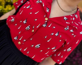Liz Claiborne Red Button-Down Shirt with Sailing Boat Pattern