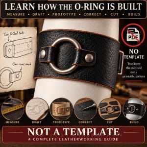 Op de afbeelding: Een zwarte leren manchetarmband met een centrale metalen ring vastgezet door twee geklonken lipjes. De afbeelding bevat de instructieve tekst: LEARN HOW THE O-RING IS BUILT, NO TEMPLATE en NOT A TEMPLATE A COMPLETE LEATHERWORKING GUIDE.