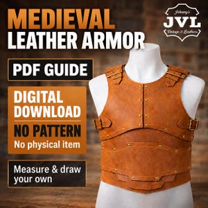 Puede incluir: Una pieza de armadura de pecho de cuero color canela sobre un maniquí blanco, con hebillas y remaches de metal. El texto en la imagen dice: MEDIEVAL LEATHER ARMOR, PDF GUIDE, DIGITAL DOWNLOAD, NO PATTERN, No physical item, Measure & draw your own, Johnny's JVL.