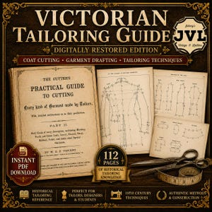 Op de afbeelding: Een digitale Victoriaanse kleermakersgids met een historisch handboek van 112 pagina's getiteld The Cutter's Practical Guide to Cutting door W.D.F. Vincent. De afbeelding bevat technische patroontekeningen, een metalen schaar en een meetlint.