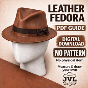 Op de afbeelding: Een bruine lederen fedora hoed met een donkerbruine band en strik, weergegeven op een wit etalagehoofd. De tekst op de afbeelding luidt: LEATHER FEDORA, PDF GUIDE, DIGITAL DOWNLOAD, NO PATTERN, No physical item, Measure & draw your own, Johnny's JVL.
