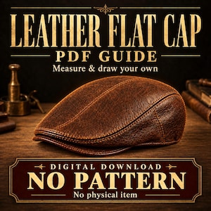Può includere: Un berretto piatto in pelle marrone con una superficie testurizzata e cuciture visibili. L'immagine include il testo: LEATHER FLAT CAP PDF GUIDE Measure & draw your own, e DIGITAL DOWNLOAD NO PATTERN No physical item, in caratteri dorati.