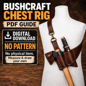 Op de afbeelding: Een bruin lederen bushcraft borstharnas op een witte etalagepop, met schouderband, metalen gespen en houders voor een bijl en mes. Tekst: BUSHCRAFT CHEST RIG, PDF GUIDE, DIGITAL DOWNLOAD, NO PATTERN, No physical item.
