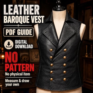 May include: A black leather vest with a double-breasted front featuring eight brass-coloured buttons and a wide lapel collar. The image includes text: LEATHER BAROQUE VEST, PDF GUIDE, DIGITAL DOWNLOAD, NO PATTERN, No physical item, Measure & draw your own.