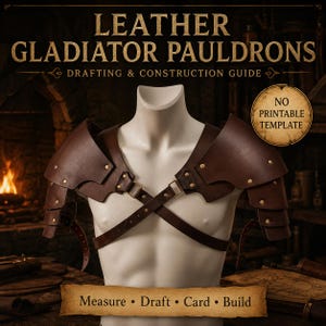 May include: Brown leather gladiator pauldrons on a mannequin. Text reads: LEATHER GLADIATOR PAULDRONS DRAFTING & CONSTRUCTION GUIDE, NO PRINTABLE TEMPLATE, and Measure • Draft • Card • Build. The armor features layered plates and metal rivets.