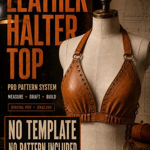 Op de afbeelding: Een bruine leren haltertop op een paspop, voorzien van metalen oogjes langs de halslijn en vetersluiting aan de zijkant. De tekst op de afbeelding luidt: DRAFT THE PERFECT LEATHER HALTER TOP, PRO PATTERN SYSTEM, MEASURE, DRAFT, BUILD, DIGITAL PDF, ENGLISH, NO TEMPLATE, NO PATTERN INCLUDED.
