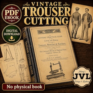 Op de afbeelding: Een digitaal PDF-e-boek getiteld Vintage Trouser Cutting, met de achtste editie van The Cutters' Practical Guide door W. D. F. Vincent. De omslag toont technische illustraties van broeken, kniebroeken en een patroonmachine.