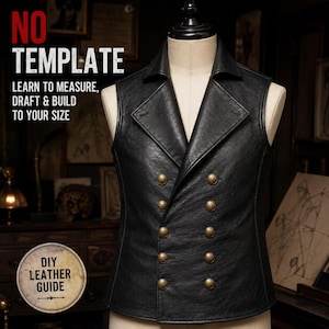 Op de afbeelding: Een zwart dubbelrijig leren vest met een brede reverskraag en tien ronde messingkleurige knopen in twee verticale kolommen. Het vest wordt getoond op een paspop en bevat de tekst NO TEMPLATE en DIY LEATHER GUIDE.