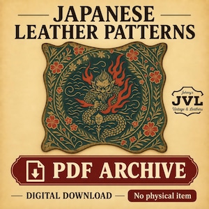 Op de afbeelding: Een digitale PDF-download getiteld Japanese Leather Patterns met een centrale vierkante afbeelding met een draken- en bloemmotief in blauwgroen, rood en goud. De tekst JVL Johnny's Vintage & Leathers is zichtbaar aan de rechterkant van de afbeelding.
