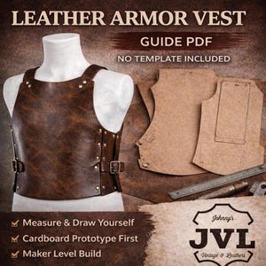 Puede incluir: Un chaleco de armadura de cuero marrón exhibido en un maniquí, con hebillas y remaches. La imagen incluye una guía PDF, patrones de cartón y el texto "LEATHER ARMOR VEST GUIDE PDF". También es visible el logotipo de Johnny's JVL Vintage & Leathers.