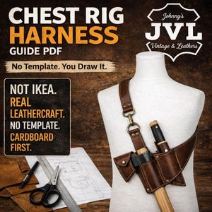 May include: A brown leather chest rig harness with a knife and axe displayed on a mannequin. The image includes text that reads "CHEST RIG HARNESS GUIDE PDF" and "NOT IKEA. REAL LEATHERCRAFT. NO TEMPLATE. CARDBOARD FIRST."