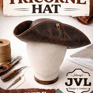 May include: A brown leather tricorn hat displayed on a mannequin head. The image features the text "DIY TRICORNE HAT" and "DIY GUIDE (BASED ON A PATTERN)". Crafting tools and leather pieces are also present, indicating a DIY project.