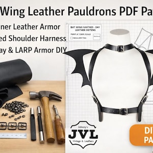 May include: Black leather bat wing pauldron PDF pattern. Includes a riveted shoulder harness design. The image shows the pattern, tools, and materials needed for beginner leather armor and cosplay projects.