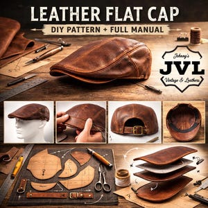 Op de afbeelding: Bruine leren platte pet met de tekst "LEATHER FLAT CAP DIY PATTERN + FULL MANUAL". De afbeelding bevat ook het logo "Johnny's JVL Vintage & Leathers" en gereedschap voor leerbewerking.