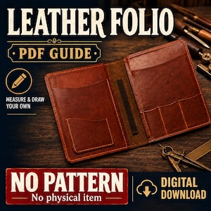 May include: A brown leather folio with interior pockets and a pen loop. The image includes text: LEATHER FOLIO, PDF GUIDE, MEASURE & DRAW YOUR OWN, NO PATTERN, No physical item, and DIGITAL DOWNLOAD. Metal drafting tools are visible nearby.