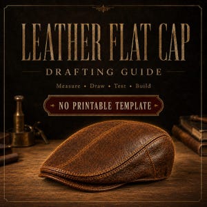 Op de afbeelding: Een bruine leren flat cap met zichtbare textuur en stiksels. De tekst luidt: LEATHER FLAT CAP DRAFTING GUIDE, Measure • Draw • Test • Build, NO PRINTABLE TEMPLATE. De pet wordt getoond tegen een donkere, rustieke achtergrond.