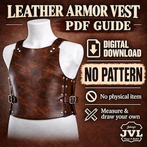 Może przedstawiać: Brązowa skórzana kamizelka zbrojna na białym manekinie. Tekst głosi: LEATHER ARMOR VEST PDF GUIDE, DIGITAL DOWNLOAD, NO PATTERN, No physical item, Measure & draw your own, oraz Johnny's JVL Vintage & Leathers.
