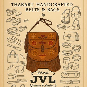 Op de afbeelding: Vintage advertentie voor leerbewerking, met handgemaakte riemen en tassen. De afbeelding toont een centraal tasontwerp met franjes, omringd door illustraties van verschillende riemstijlen, tassen en gereedschappen. De tekst bevat "Johnny's JVL Vintage & Leathers 1926."