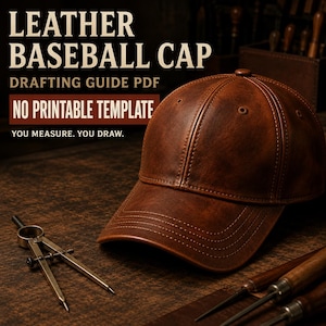Op de afbeelding: Een bruine leren honkbalpet met zichtbare stiksels, vergezeld van een metalen passer en gereedschap. De tekst luidt: LEATHER BASEBALL CAP DRAFTING GUIDE PDF, NO PRINTABLE TEMPLATE, YOU MEASURE. YOU DRAW. De pet heeft een constructie van zes panelen.