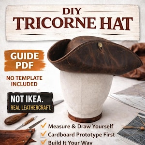 Guide till läderhatt med tricorne-motiv i PDF-format, mall för pirathatt, guide till historisk hattsömnad, tillbehör till piratkostymer för cosplay