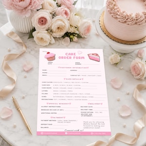 May include: A printed cake order form on light pink paper with sections for customer information, cake details, special requests, delivery, and payment. The form features illustrations of a cupcake and a slice of cake with pink text headers.