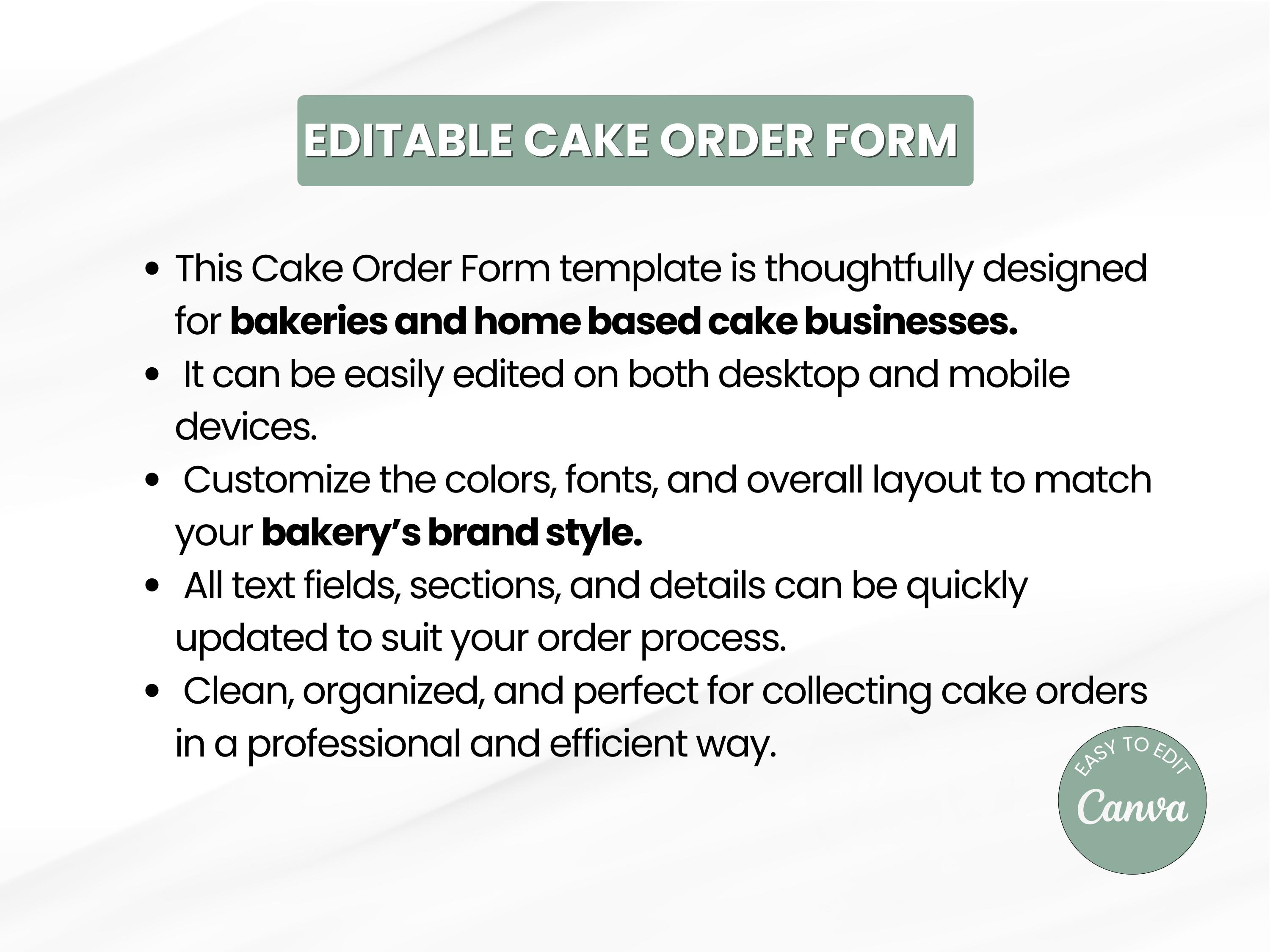 Editable Cake Order Form Template | Bakery & Cupcake Business Form ...