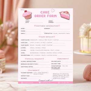 May include: A pink cake order form with a cupcake and cake slice illustration. The form includes fields for customer information, cake details, special requests, and delivery information. The form is designed for a bakery.