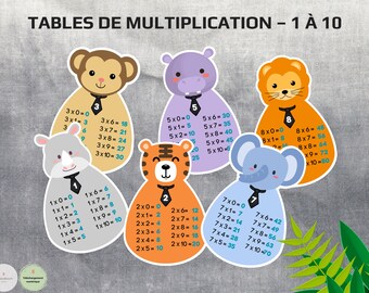 Printable Multiplication Tables Cards | Jungle Animals Math Learning Activity for Kids | Montessori Educational Flashcards 1–10
