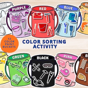 Peut inclure: Activité éducative colorée avec 12 seaux de peinture, chacun étiqueté avec une couleur et rempli d'outils assortis. Le texte "COLOR SORTING ACTIVITY" est affiché. Les seaux sont disposés en cercle.