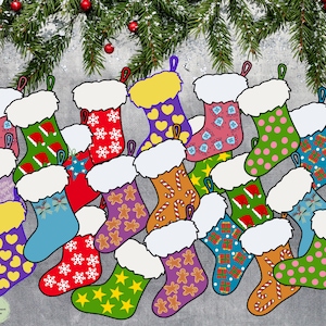 May include: A collection of colorful Christmas stockings with various patterns, including snowflakes, hearts, stars, and gingerbread men. Each stocking has a white fluffy cuff and a loop for hanging. The background features evergreen branches and red ornaments.