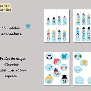 Op de afbeelding: Een set printbare educatieve materialen met sneeuwpopontwerpen. De afbeelding bevat voorbeelden van voltooide sneeuwpoppen, samen met individuele sneeuwpoponderdelen zoals hoeden en sjaals. Tekst bevat "Format A4 + US Letter Size" en "16 modellen om te reproduceren".